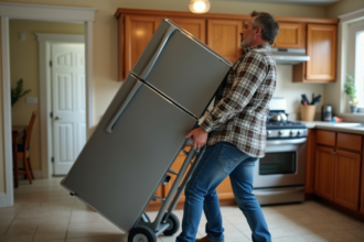 Homme en jeans déplaçant un réfrigérateur dans la cuisine