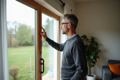 Homme d'âge moyen inspectant une fenêtre moderne dans un salon lumineux