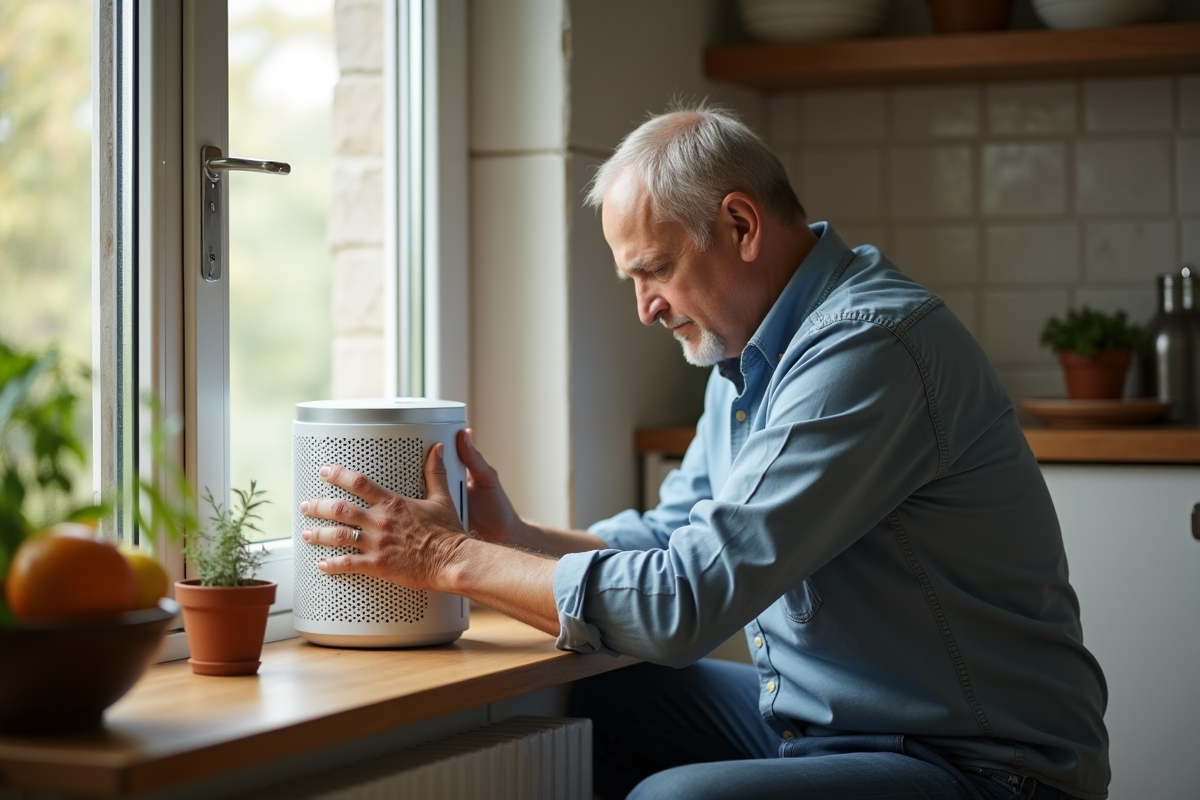 Homme arrangeant un purificateur d