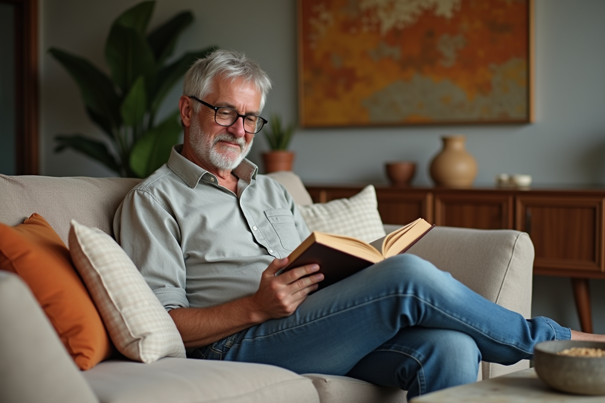 Homme lisant sur un canapé dans un intérieur cosy
