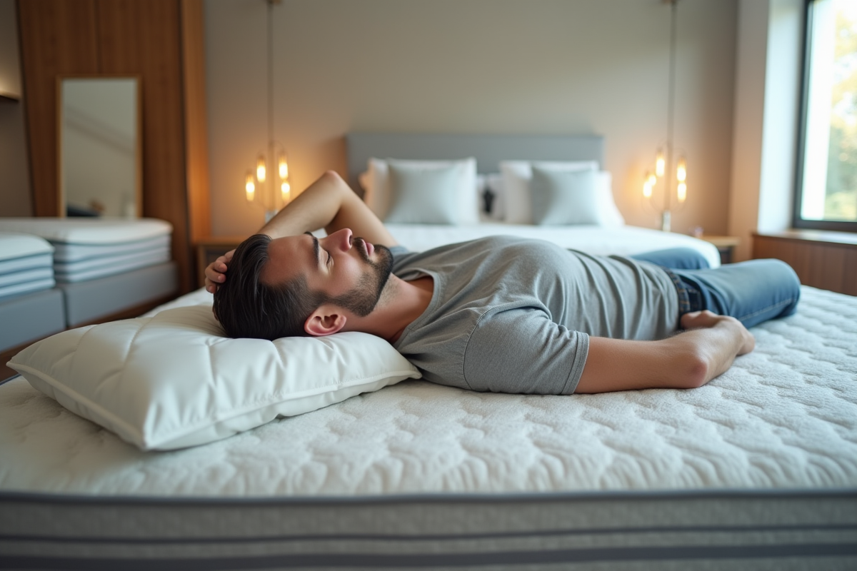 Homme détendu allongé sur un matelas dans un showroom