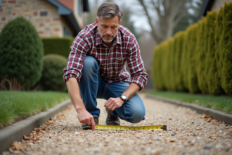 Homme en travail vérifiant la largeur du gravier dans un jardin