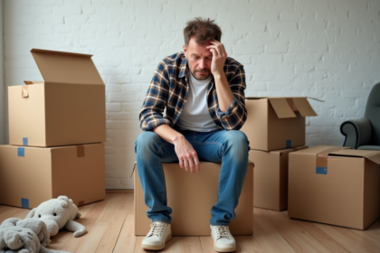 Homme d'âge moyen assis sur des cartons en désordre dans un salon