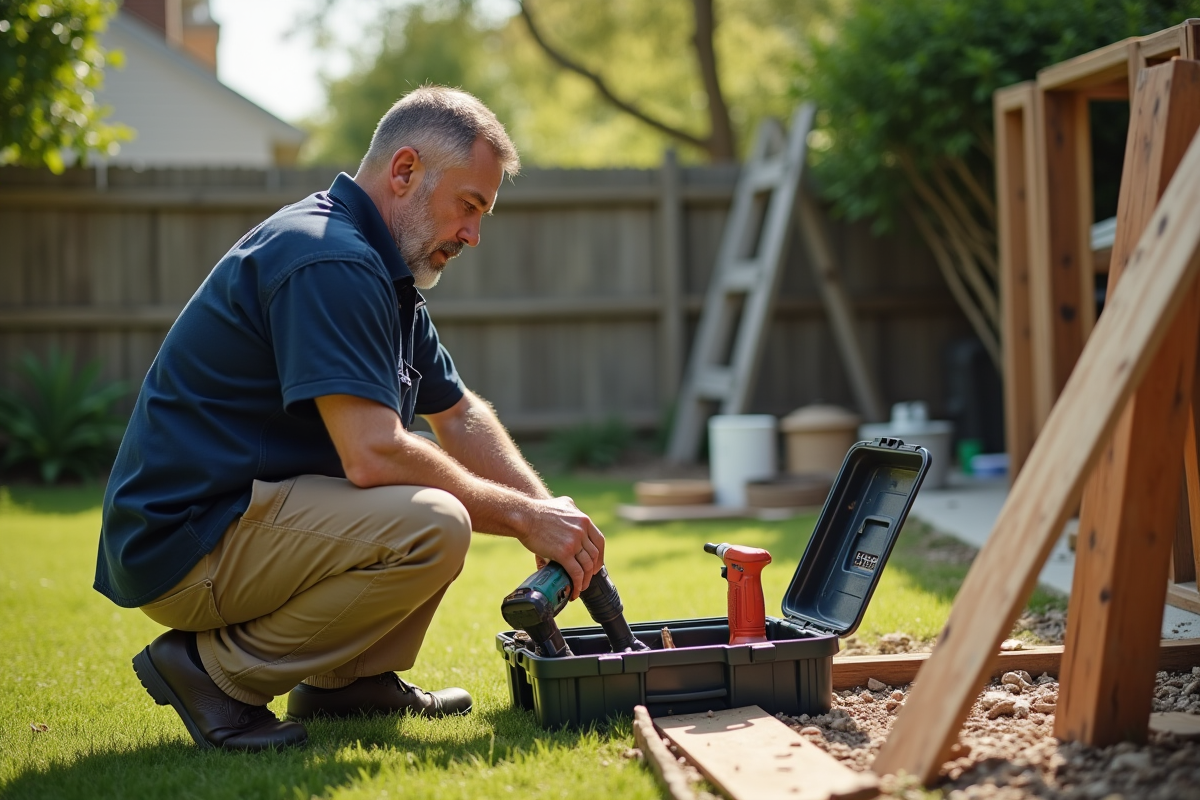 Homme inspecte des outils dans un jardin ensoleille