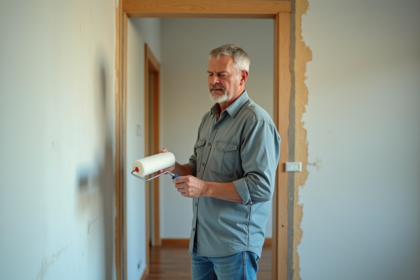 Homme en vêtements de travail examinant un rouleau de peinture en intérieur