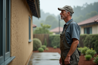 Homme en salopette observant la façade en stucco mouillée
