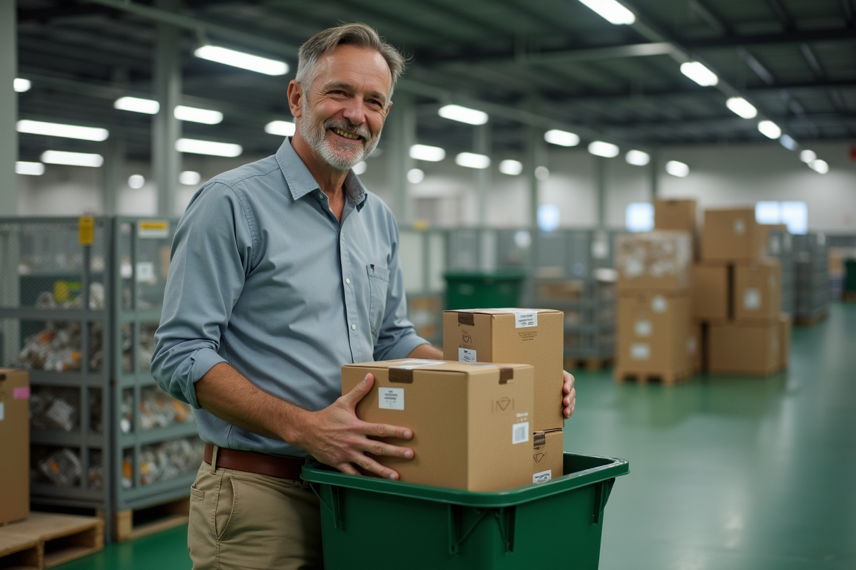 Homme souriant triant des cartons dans un centre de recyclage intérieur