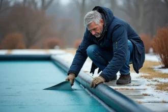 Homme d'âge moyen inspectant une couverture de piscine en hiver