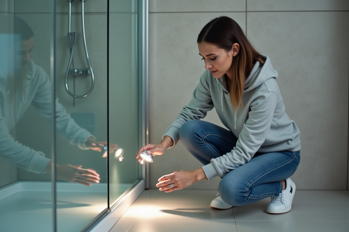 Femme vérifiant un projecteur LED IP65 dans la salle de bain