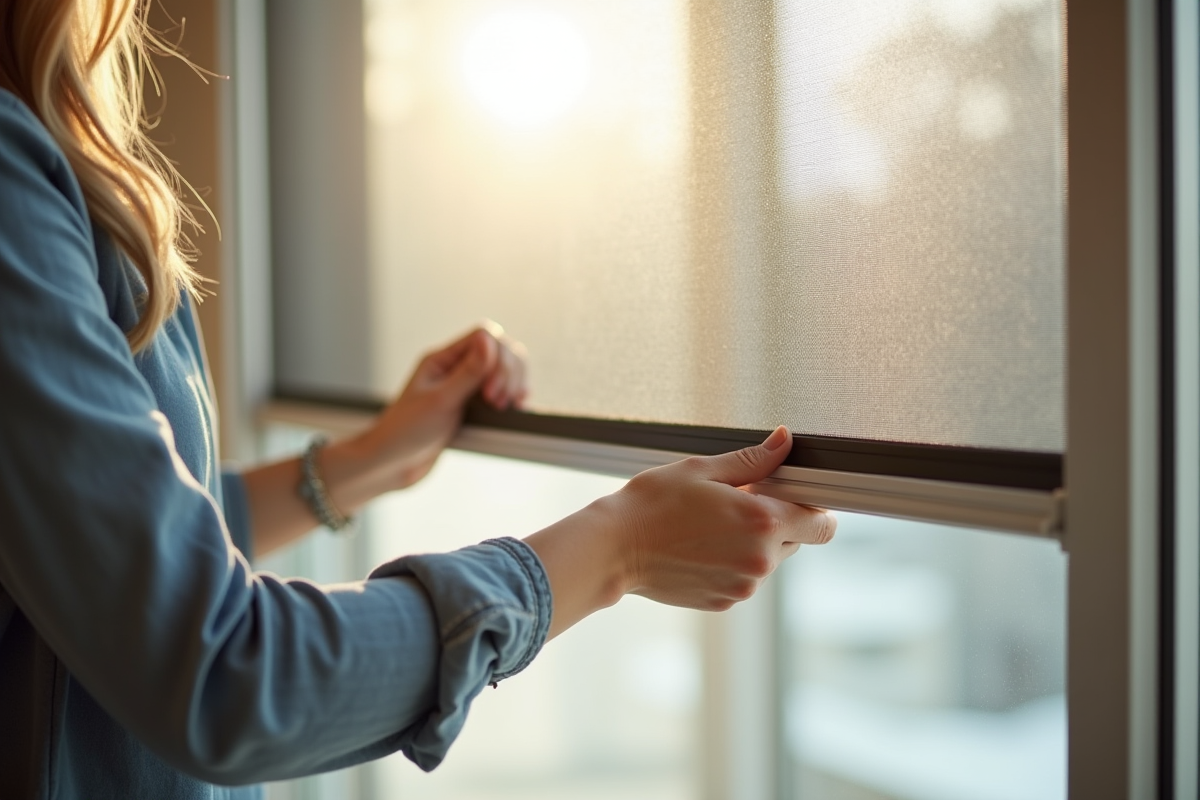 Personne installant un ecran insectes sur une fenêtre moderne