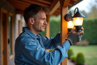 Homme installant une lanterne extérieure avec IP44