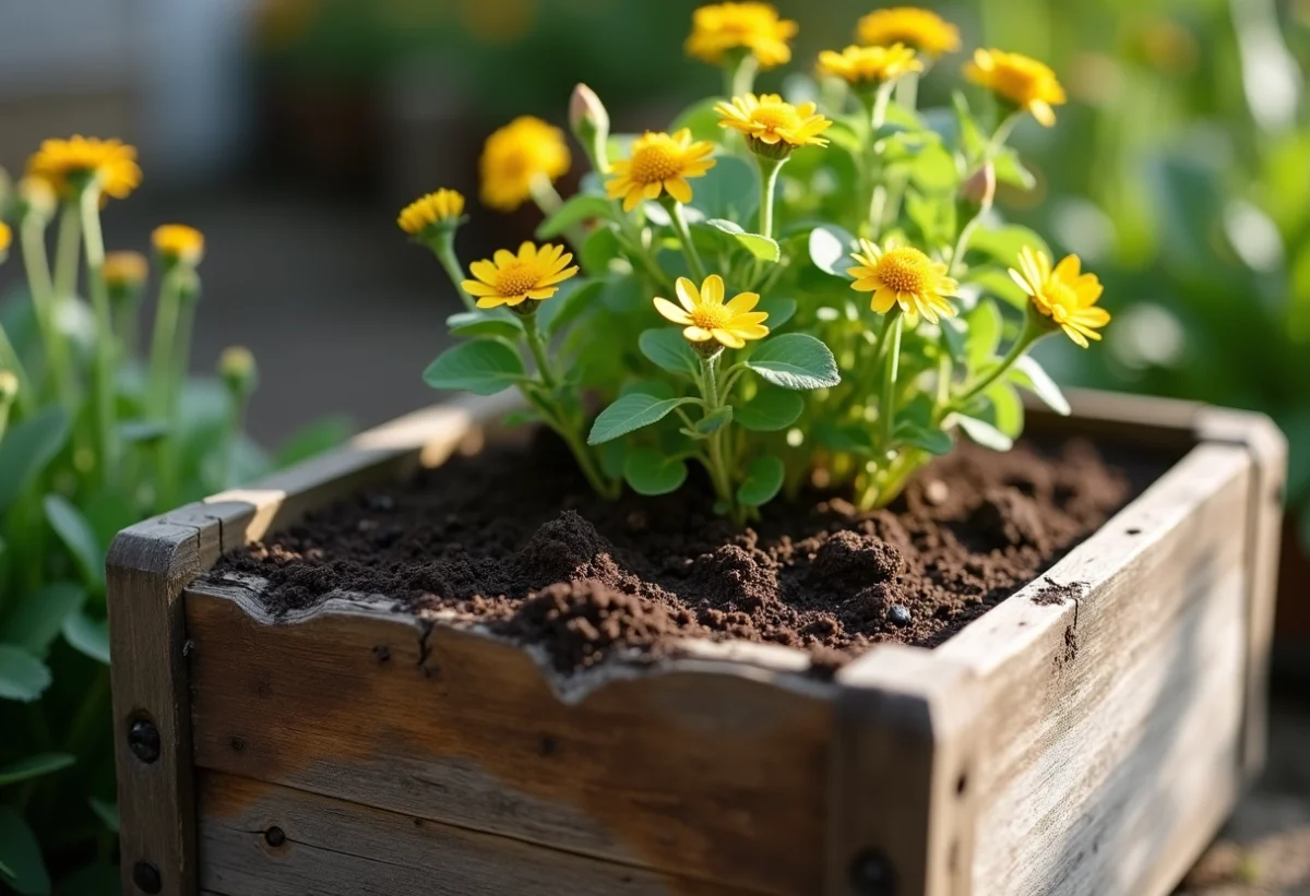 Jardinier en bois ancien avec fleurs fanées en extérieur