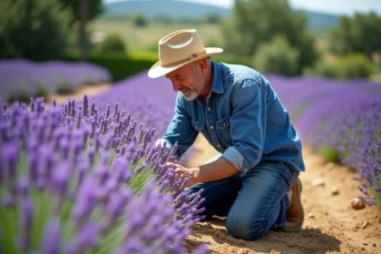 Homme jardinier en Provence examine la lavande en fleurs