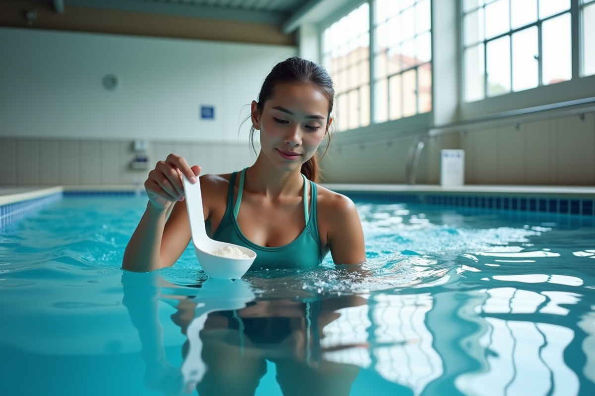 Jeune femme ajoutant du chlore dans la piscine intérieure