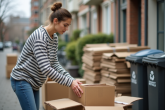Jeune femme en jeans et pull rayé déchire des cartons devant un point recyclage