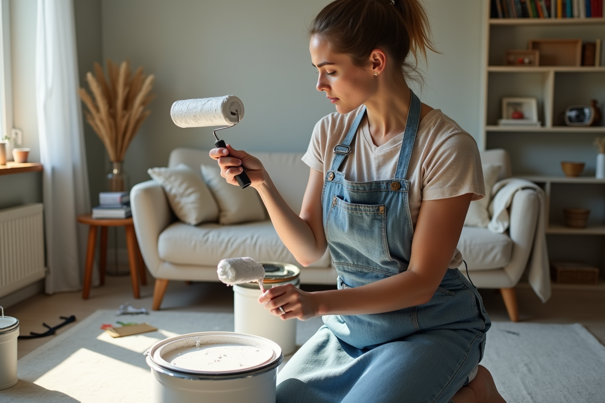 Jeune femme avec rouleau de peinture dans un salon lumineux