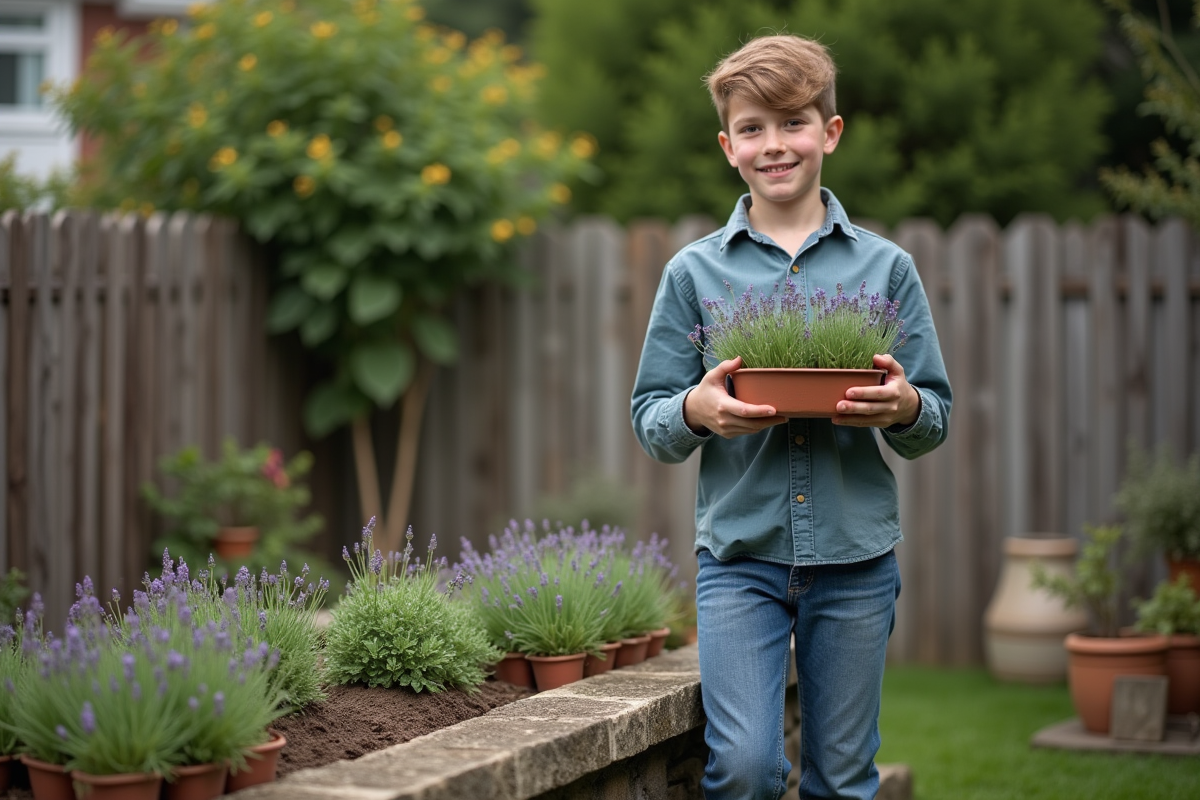 Jeune garçon tenant des plants de lavande dans le jardin