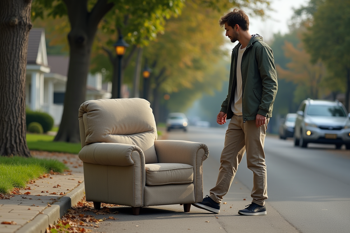 Jeune homme déposant un fauteuil dans la rue