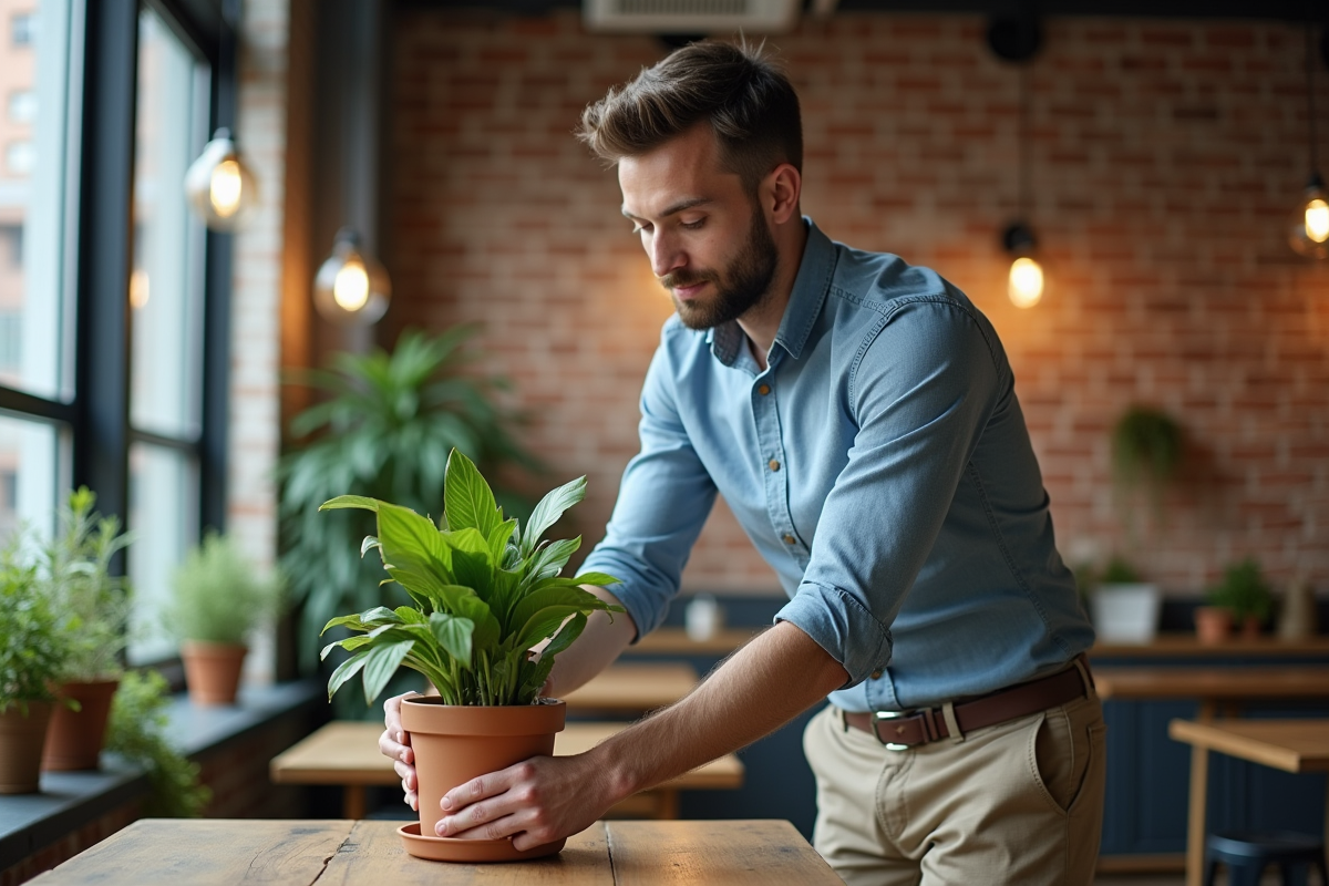 Jeune homme posant une plante dans un loft industriel