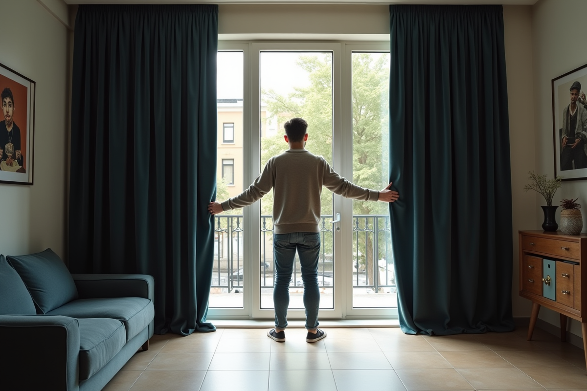 Jeune homme ajustant des rideaux en velours foncé dans un appartement lumineux