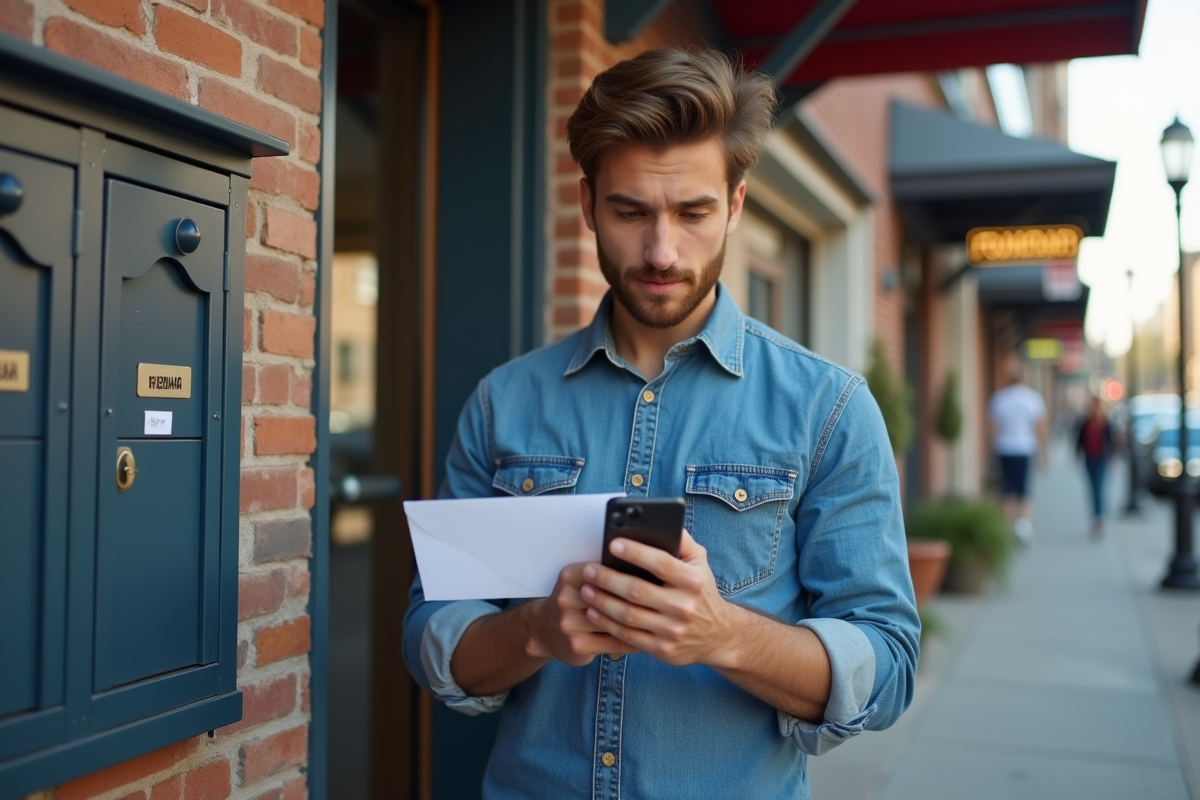 Jeune homme vérifiant un courrier devant un bureau de poste