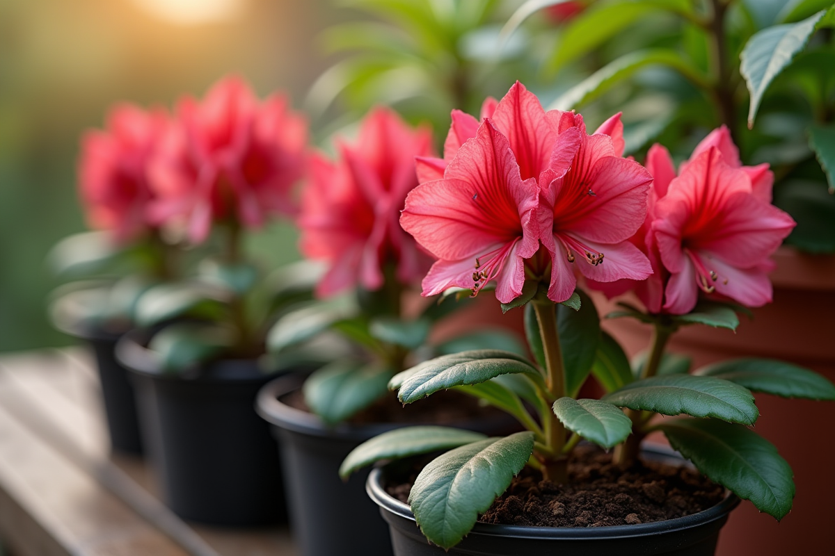 Jeunes rhododendrons plantés en pots avec terre humide
