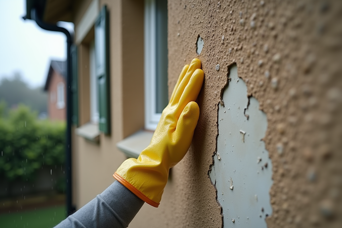 Main gantée touchant le stucco écaillé sous la pluie