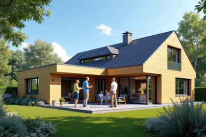 Maison moderne avec extension en bois et famille dans le jardin