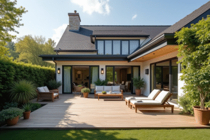 Maison moderne avec terrasse en bois et jardin ensoleille