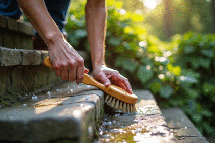 Personne nettoyant un escalier en pierre extérieur avec brosse