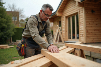 Ouvrier mesurant une poutre en bois pour extension maison