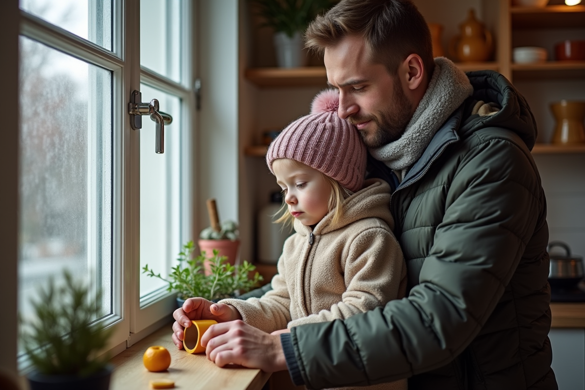Père et fille isolant une fenêtre avec du ruban adhésif en hiver