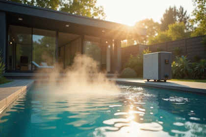 Piscine moderne avec pompe à chaleur extérieure en matinée fraîche