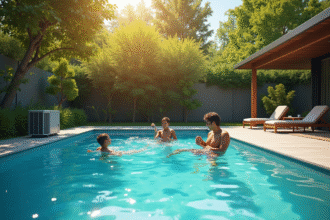 Piscine extérieure moderne avec famille et pompe à chaleur