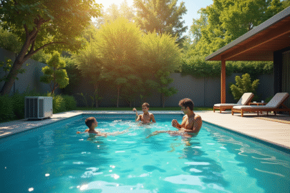 Piscine extérieure moderne avec famille et pompe à chaleur