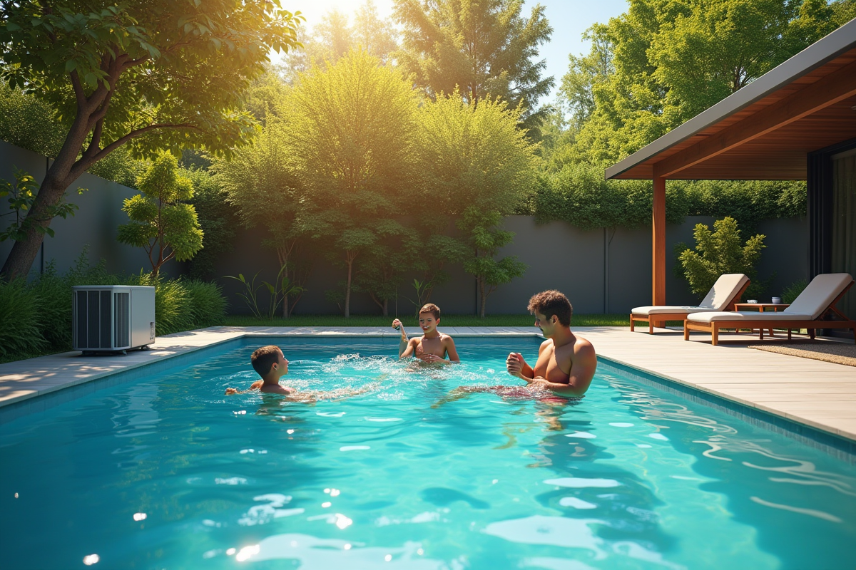 Piscine extérieure moderne avec famille et pompe à chaleur