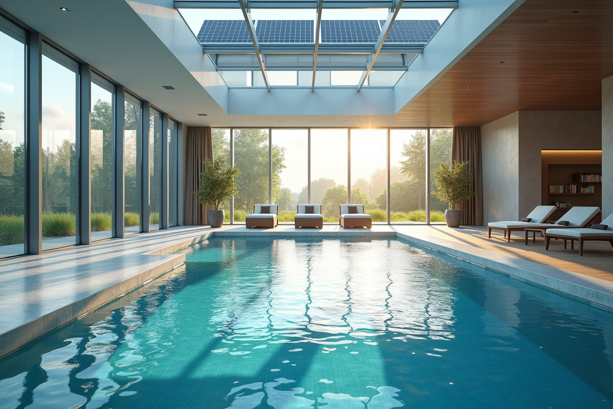 Piscine intérieure avec grandes fenêtres et panneaux solaires