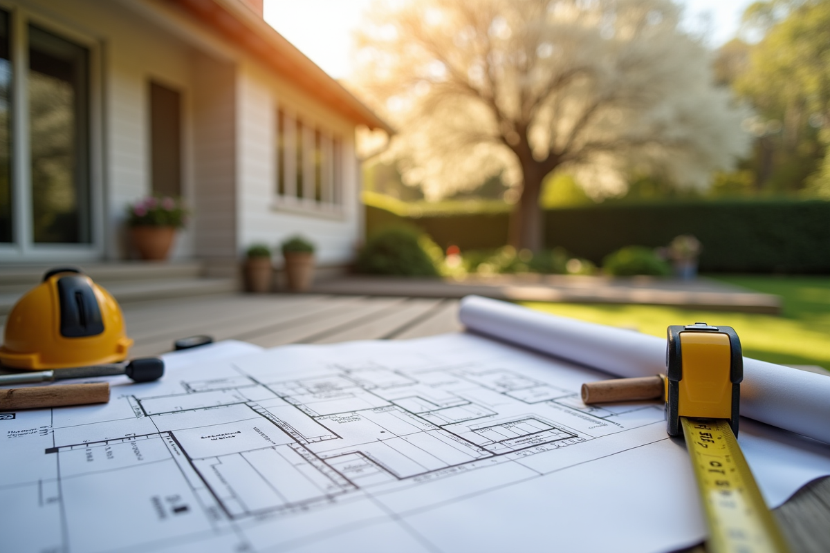 Plans architecturaux et outils sur une terrasse en plein air