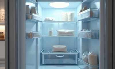 Porte de congélateur ouverte dans une cuisine lumineuse