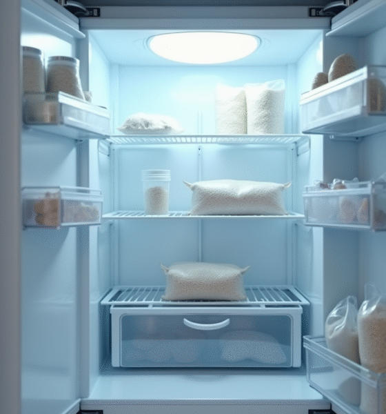 Porte de congélateur ouverte dans une cuisine lumineuse