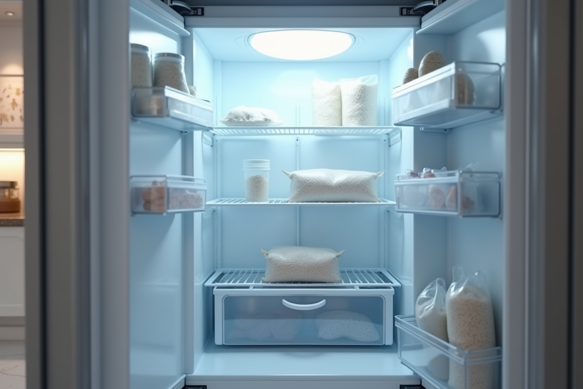 Porte de congélateur ouverte dans une cuisine lumineuse