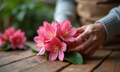 Mains préparant un rhododendron sur une table en bois