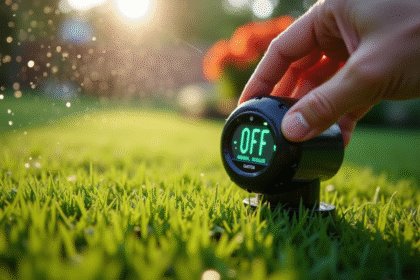 Contrôleur d'irrigation de jardin en gros plan avec main