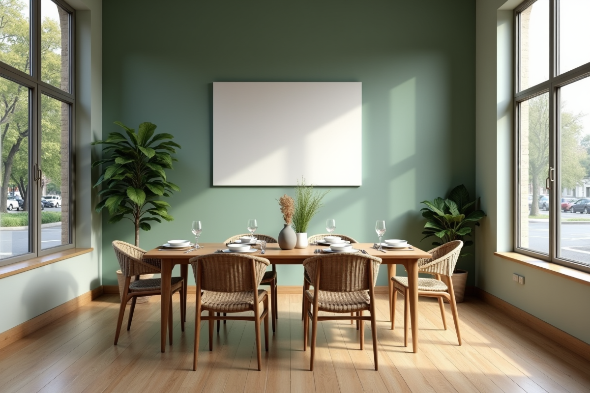 Salle à manger moderne avec mur vert sauge et décoration chaleureuse