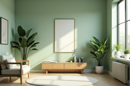 Salon moderne avec murs vert sauge et mobilier minimaliste