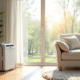 Salon moderne avec déshumidificateur et décoration scandinave