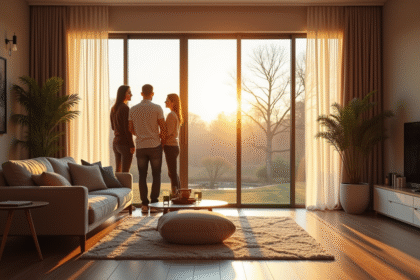 Salon moderne avec grandes fenêtres double vitrage et couple inspectant
