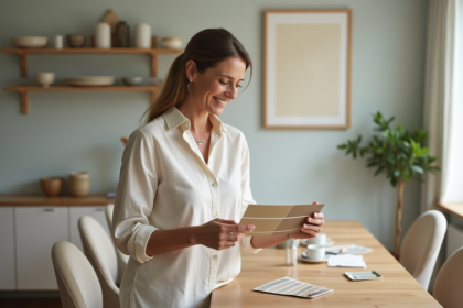 Femme choisissant un échantillon de peinture pour salle à manger