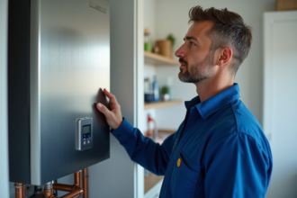 Technicien en overalls bleus devant une chaudière moderne