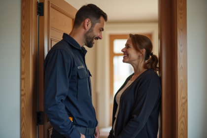 Technicien professionnel parle avec une femme chez elle
